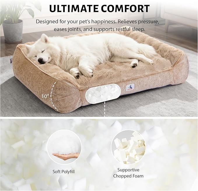 Orthopedic Dog Bed for Large Dogs - 48" Faux Fur Pet Couch with Removable Washable Cover, Nonskid Bottom, Supportive Foam, Comfortable Dog Sofa Bed for Medium Large Dogs, Taupe