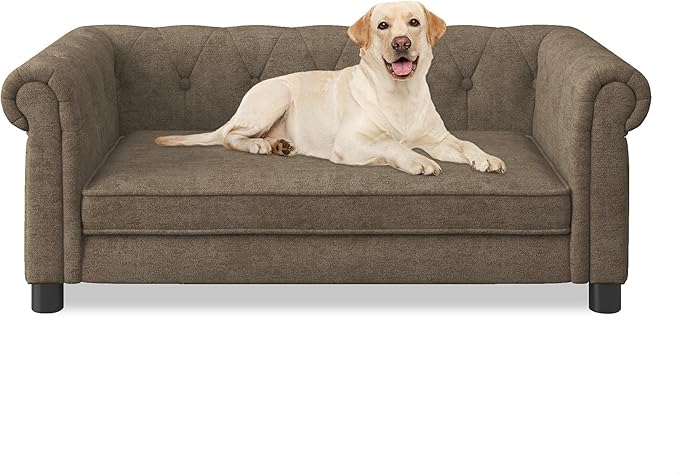 GDFStudio Modern Linen Dog Sofa for Small and Medium Dogs Elevated Pet Bed with Armrests and Backrest Durable and Comfortable Upholstered Pet Furniture, Brown