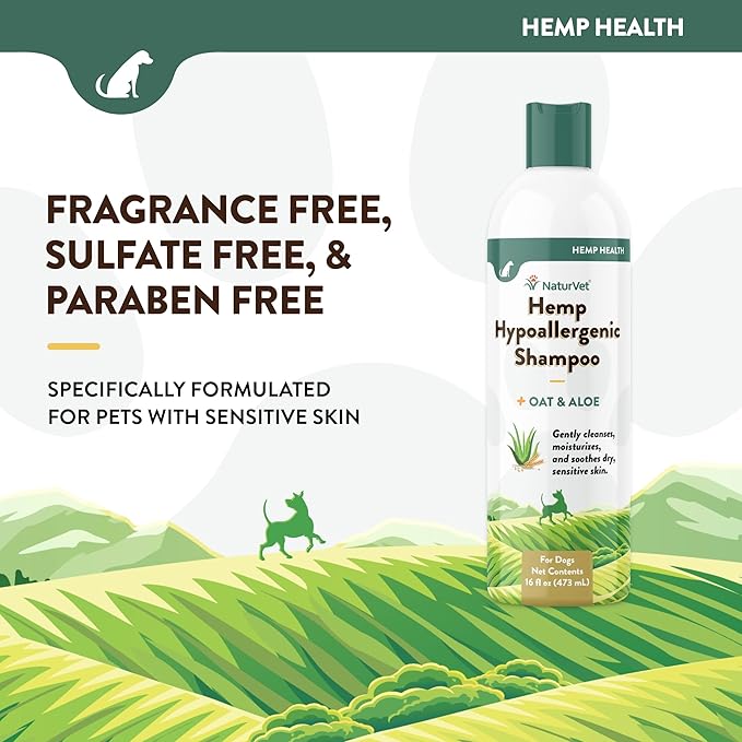 NaturVet Hemp Hypoallergenic Shampoo with Oat and Aloe for Dogs, 16oz Liquid, Made in The USA