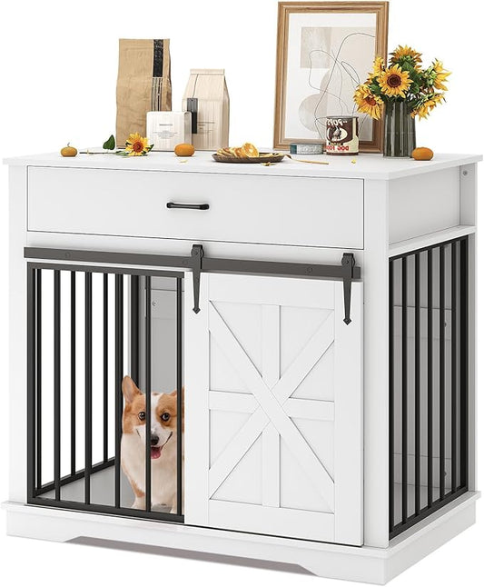 37.8" Dog Crate Furniture for Small Medium Dogs, 2-in-1 Iron-Wood Fusion Dog Cage Indoor As Side End Table, Farmhouse Dogs Kennel with Sliding Barn Doors & Drawer, White