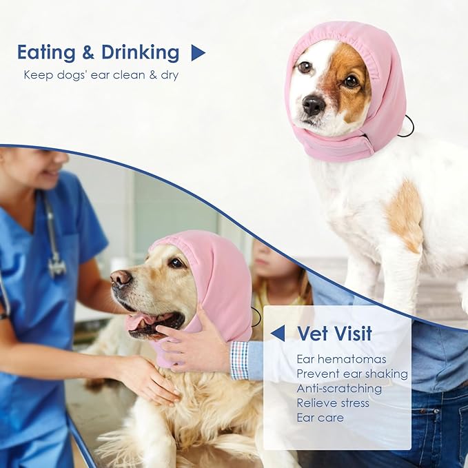 AOFITEE Dog Calming Hoodie - Anti-Slip Dog Ear Muffs Cover for Noise Anxiety, No Shake Ear Wrap for Dogs Hematoma, Adjustable Dogs Headband for Grooming, Fireworks, Thunderstorms, LightPink L