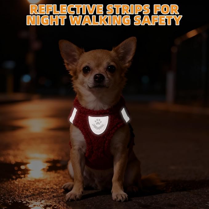 KOOLTAIL Plush Small Dog Harness and Leash Set, Warm Fleece No Pull Puppy Vest for Winter, Lightweight Reflective Step in Pet Harness for Medium Sized Dogs Boy Girl Outdoor Walking, Christmas Red M