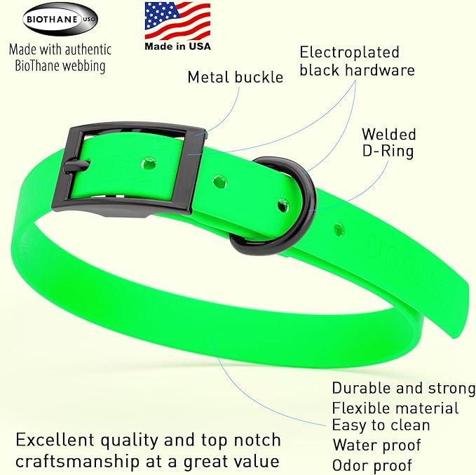 Dogline Biothane Coated Webbing Dog Collar with Black Metal Hardware: Durable Easy-Clean Everyday Collar for Dogs - Comfortable Adjustable Odor-Resistant Pet Collar, W1.5 x L16-20", Tropical Green