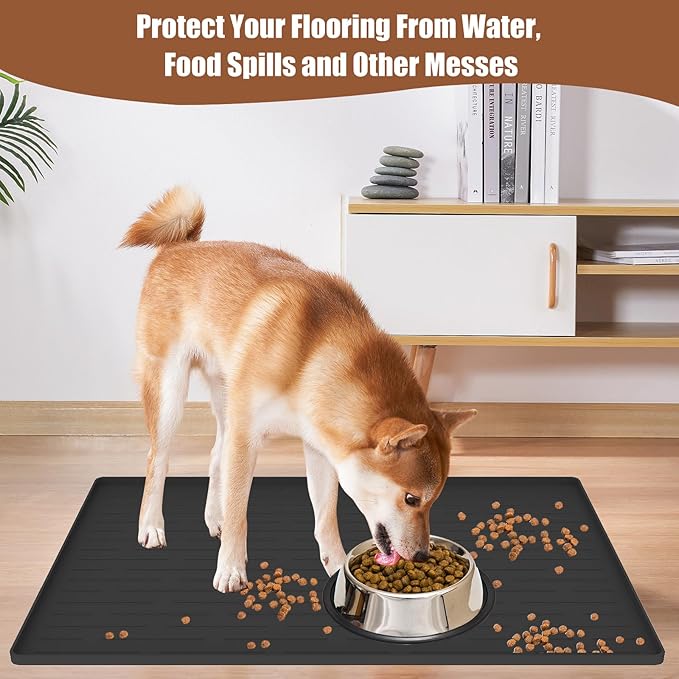18"x12" Dog Food Mat, Silicone Dog and Cat Mats for Food and Water Bowls, Waterproof Raised Edge Pet Feeding Mat for Contain Spills Protects Floors, Multiple Colors & Sizes for Pets, Brown