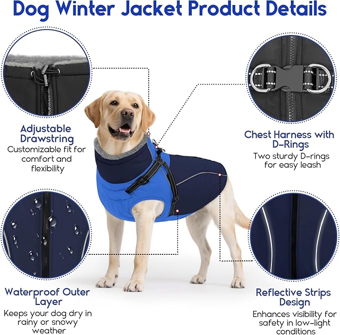 ASENKU Reflective Dog Coat with Built-in Harness, Windproof Fleece-Lined Dog Jacket for Small, Medium, Large Dogs, Warm Winter Vest with Turtleneck & Zipper (Navyblue 3XL)