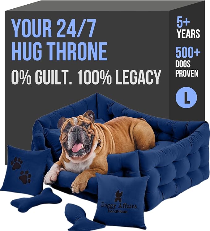 Luxury Dog Bed Chesterfield – Handcrafted Velvet Throne for Dogs | Joint Support, Calming & Temp-Regulating Comfort | Durable 5+ Years, Anti-Claw, Washable 100+ Times – L, Blue