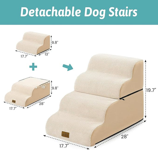 Wide Dog Stairs for Small Dogs 19.7" H, Detached Dog Step for Puppy or Older Cat, Ramp for Bed, Sofa, Couch or Chair, Ladder with High Density Foam, 17.7x28.3x19.7 inch, 4 Step, Beige