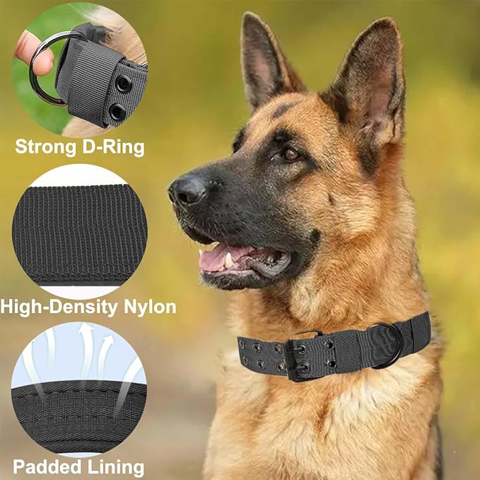 JSXD Tactical Dog Collar,Military Grade Nylon with Soft Padded Lining,1.5 inch Wide,Metal Buckle with 5 Adjustable Points,Heavy Duty Dog Collar for Medium Large Dogs (Black, X-Large)