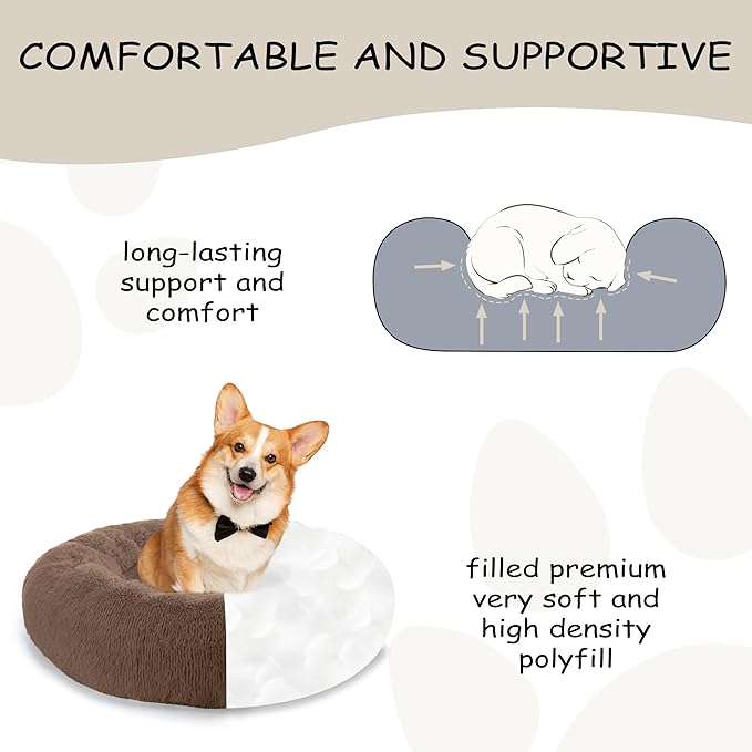 46'' inch Calming Dog Bed, Plush Anti-Anxiety Donut Dog Bed for Large Dogs, Warming Cozy Soft Cute Round Washable, Marshmallow Cuddler Nest Pet Bed, Brown