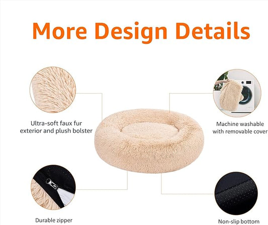 Amazon Basics Donut Pet Bolster Faux Fur Bed for Dog, Beige, 23" x 23"