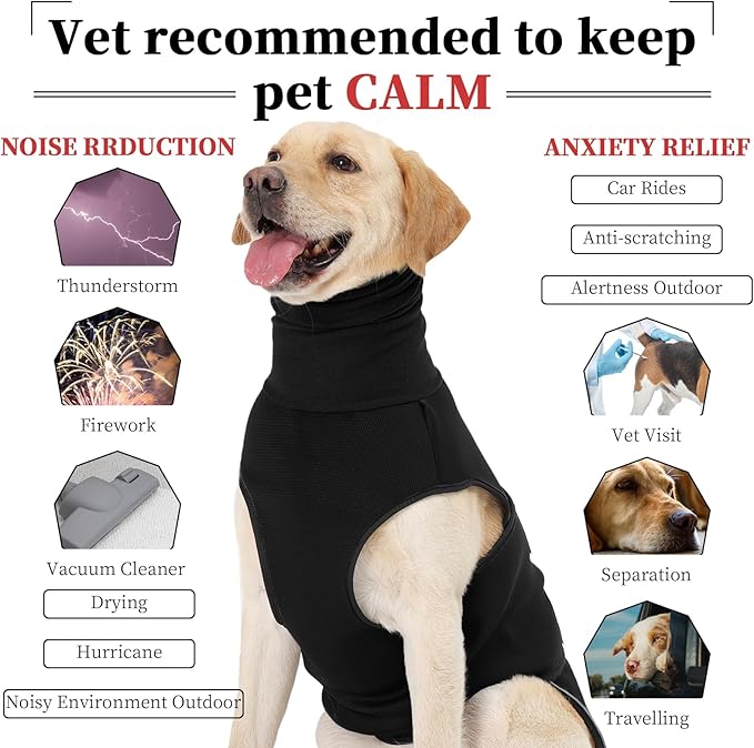 ROZKITCH Dog Anxiety Calming Hoodie, Jacket for Fireworks & Travel, Breathable Dog Shirt with Noise Block & Ear Protection Design Black XL