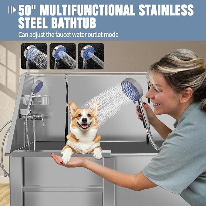 Stainless Steel Dog Washing Station For Large Dogs, Dog Grooming Tub For Home, Professional Dog Bathtub Bathing Station, Pet Wash Station, Dog Shower Tub With Stairs, Drain & Door