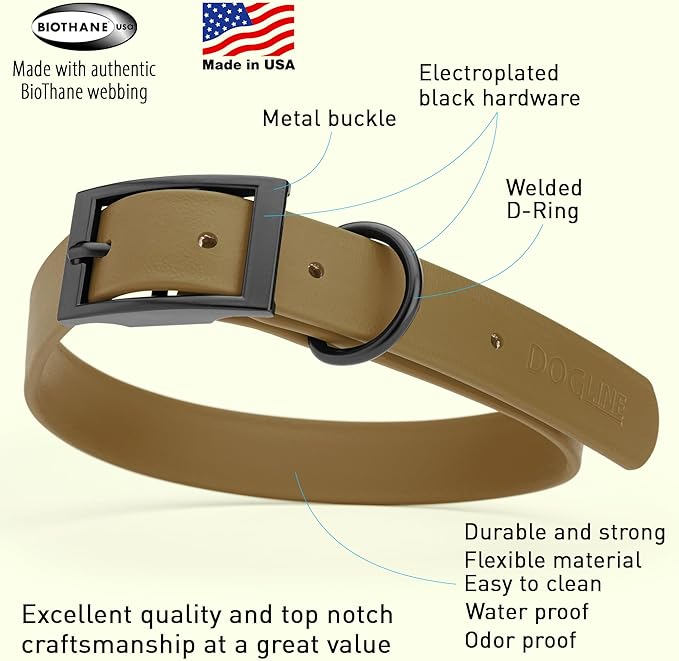 Dogline Biothane Coated Webbing Dog Collar with Black Metal Hardware: Durable Easy-Clean Everyday Collar for Dogs - Comfortable Adjustable Odor-Resistant Pet Collar, W1 x L22-25", Coyote Brown