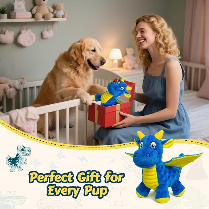 Squeaky Dog Toys - Soft Plush Dragon Dog Toy with 5 Squeakers & Crinkle Paper, Dog Toys for Small, Medium and Large Dogs (Blue,10")