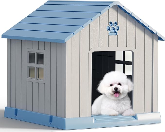 Fancyango Dog House Outdoor Indoor - Waterproof, Ventilated, Easy to Clean, Elevated Floor for Small-Large Dogs, Easy to Assemble (Blue, 31" L x 33.3" W x 33.5" H)