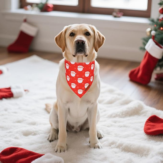 ADOGGYGO Red Christmas Dog Bandanas, Santa Reindeer Print Pet Scarf, Premium Durable Fabric, Red Christmas Bandanas for Medium Large Dogs (Large)