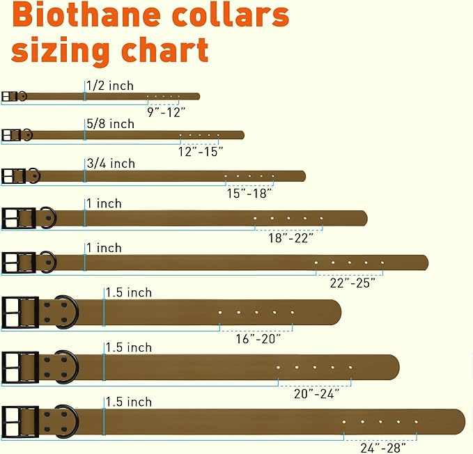 Dogline Biothane Coated Webbing Dog Collar with Black Metal Hardware: Durable Easy-Clean Everyday Collar for Dogs - Comfortable Adjustable Odor-Resistant Pet Collar, W1/2" x L9-12, Coyote Brown