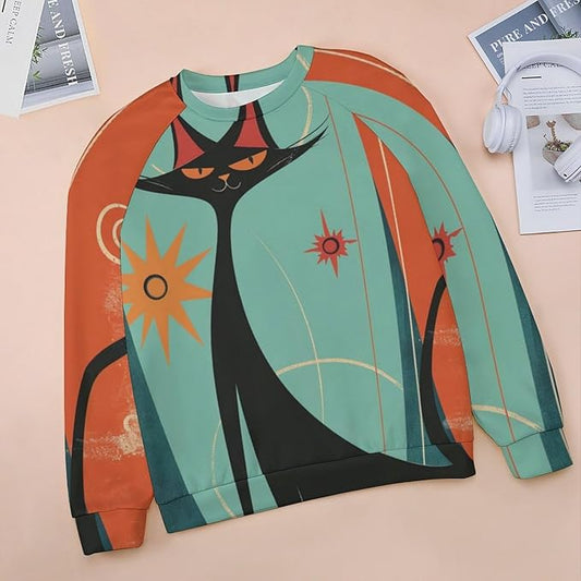 Biacolum Long Sleeve Shirts for Women Mid Century Retro Style Atomic Cat 3D Graphic Sweatshirts Fall Crewneck Pullover Top