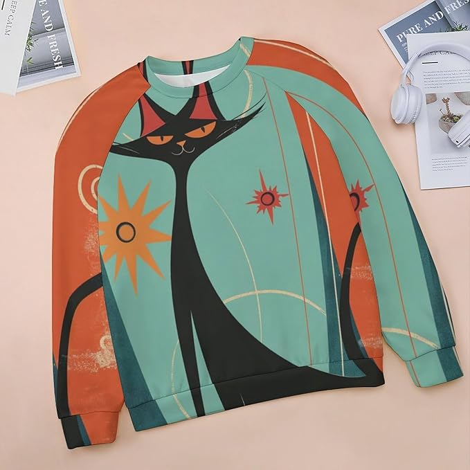 Biacolum Long Sleeve Shirts for Women Mid Century Retro Style Atomic Cat 3D Graphic Sweatshirts Fall Crewneck Pullover Top