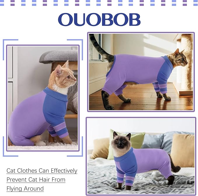 Sticky Hair Cat Clothes, Prevent Hair Loss Cats Pajamas, Turtleneck Cat Sweaters for Cats Only, Kitten Onesie Shirts Apparel Jumpsuit, Recovery Suit After Surgery, Purple XXL