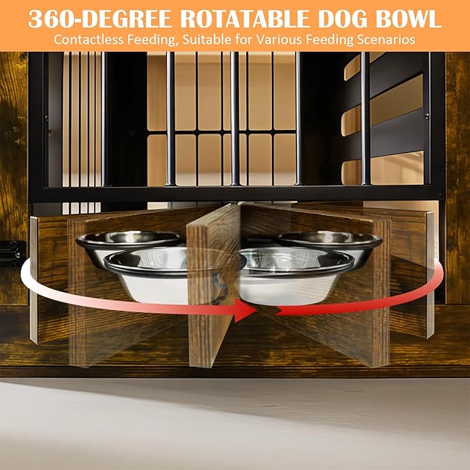 Dog Crate Furniture for 1 or 2 Dogs, Heavy Duty Single/Double Dog Kennel with Bowls, Farmhouse Wood Metal Dog Cage for Small/Medium/Large Dogs, Brown