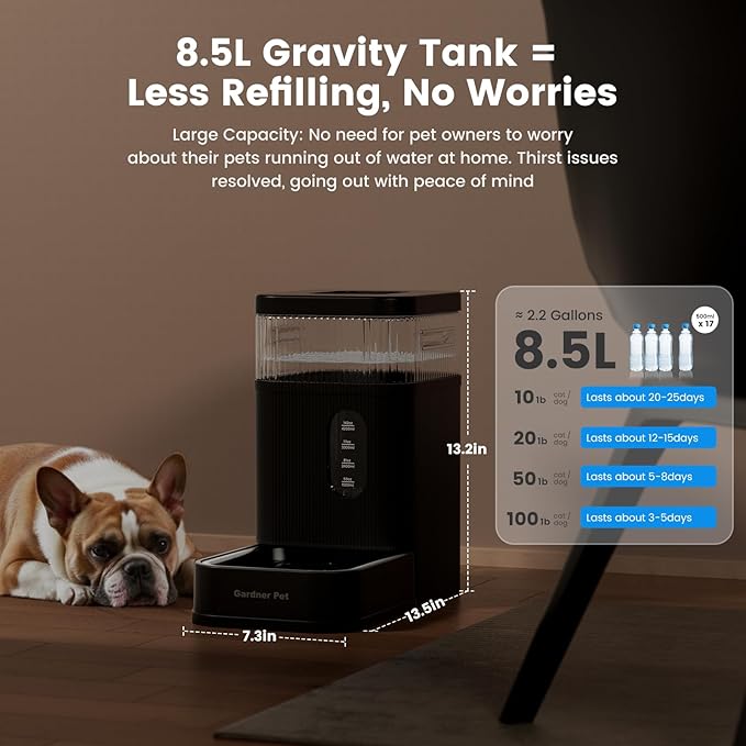Gardner Pet Automatic Dog Water Dispenser Gravity Waterer with Stainless Steel Bowl Water Dispenser 8.5L Large Capacity Water Feeder with Filters for Dogs Cats Pets, BPA-Free Noise-Free (Black, 8.5L)