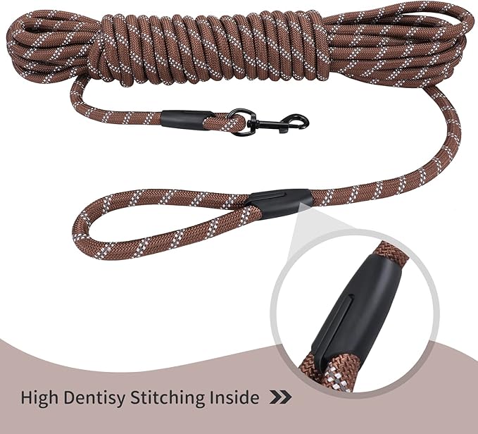 Long Dog Leash for Training 15Ft-Reflective Nylon Rope with Swivel Hook-Recall Agility Lead for Large Small Medium Dogs Outside Walking Hiking-Brown Diam 1/2"