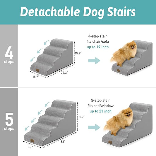Dog Stairs for Small Dogs 19.7" H, 5-Step Slope Dog Steps for Bed, Couch or Chair, Sturdy Pet Ramp for Puppy, Older Cat, Pet Ladder with High Density Foam, 15.7x33x19.7 inch, Gray