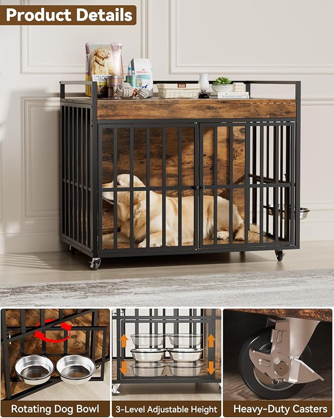45 Inch Dog Crate Furniture, Heavy Duty Dog Kennel with 3 Doors, 2 Adjustable Bowls and Lockable Wheels, Wooden Dog House for Large Dogs, End Table Dog Cage, Rustic Brown