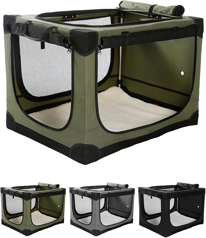 33 Inch Collapsible Travel Dog Crate for Medium Large Dogs, Portable Dog Crate 4-Door Foldable Soft Kennel with Durable Mesh Windows for Indoor & Outdoor Travel, with Storage Bag,Green