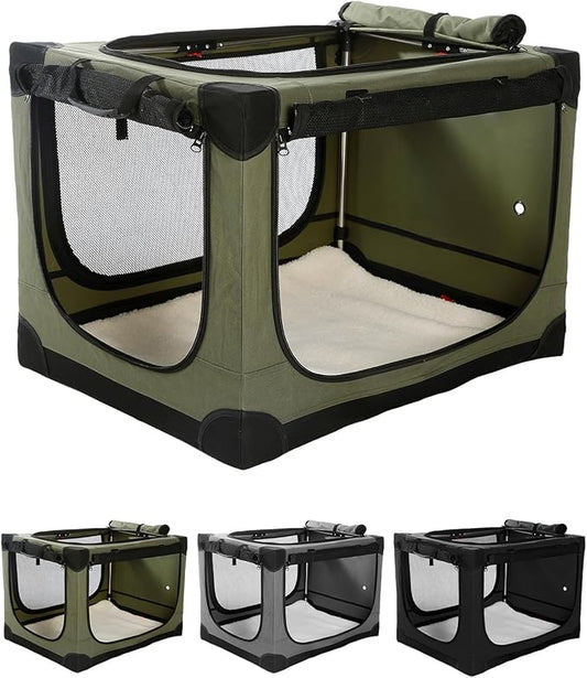 33 Inch Collapsible Travel Dog Crate for Medium Large Dogs, Portable Dog Crate 4-Door Foldable Soft Kennel with Durable Mesh Windows for Indoor & Outdoor Travel, with Storage Bag,Green