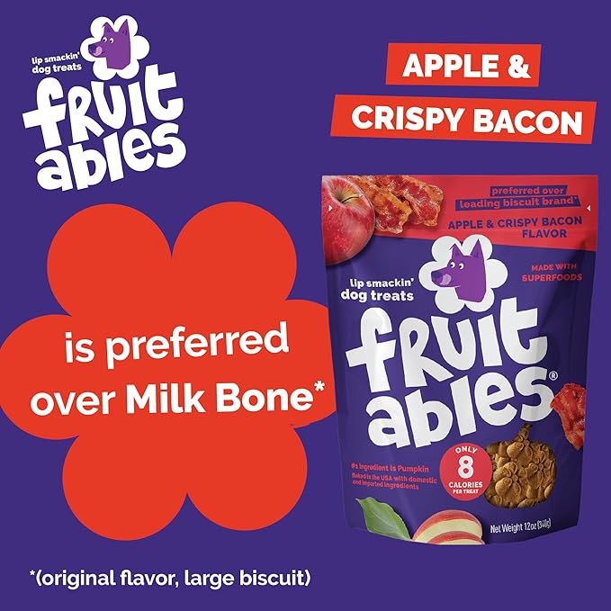 Fruitables Baked Dog Treats, Healthy Pumpkin Treat for Dogs, Low Calorie & Delicious, Free of Wheat, Corn and Soy, Made in the USA, Apple and Crispy Bacon Flavor, 7oz