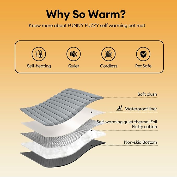 FUNNY FUZZY Self Warming Cat Bed, Waterproof Corduroy Fleece Warm Self Heating Pad for Cats & Dogs, Non-Skid Thermal Pet Mat Indoor with Removable Washable Cover - ThermoPad, 25.5"×17.7", Grey