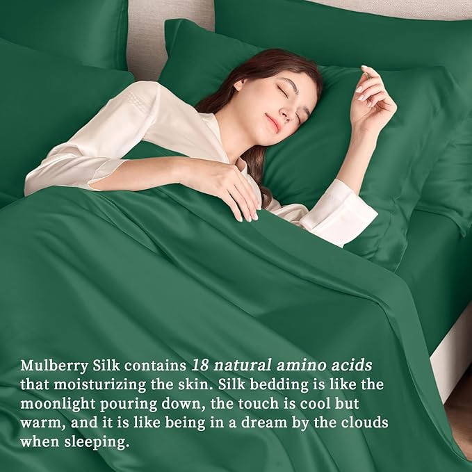 THXSILK Silk Sheet Set 4Pcs, 6A+ Top Grade 100% Natural Mulberry Silk Bed Sheets, Luxury Bedding Sets Ultra Soft Durable, 1 Fitted Sheet, 1 Flat Sheet and 2 Pillow Shams (Full, Emerald Green)