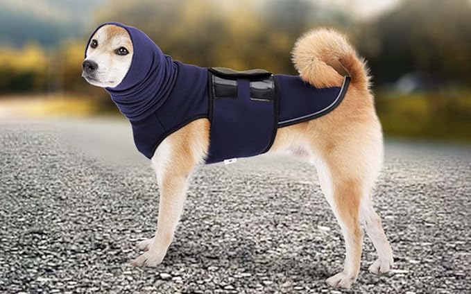 ROZKITCH Dog Calming Vest with Hoodie, Anxiety Relief Jacket for Dogs, Breathable Pet Coat for Storms, Fireworks, and Separation NavyBlue 2XL