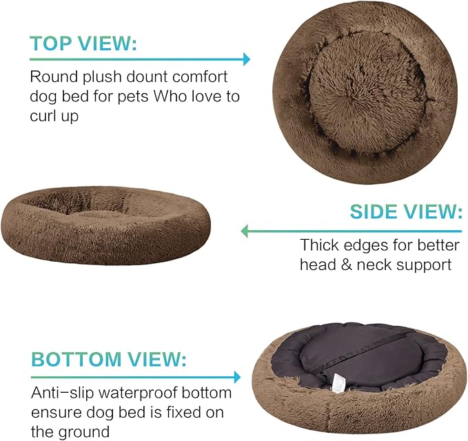 SAVFOX Plush Calming Dog Beds, Donut Dog Bed for Small Dogs, Medium, Large, X-Large & XX-Large, Comfy Cuddler Dog Bed and Cat Bed in Faux Fur, Washable Dog Bed, Multiple Sizes S-XXL