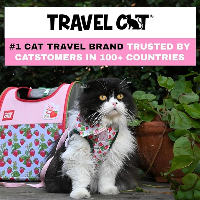 Travel Cat Strawberry Shortcake Harness & Leash Set - Adjustable Fit Mesh Cat Harness with Reflective Strap - Harness for Cats, Kittens for Outdoor (Strawberry Shortcake, X-Small-Kittens Only)