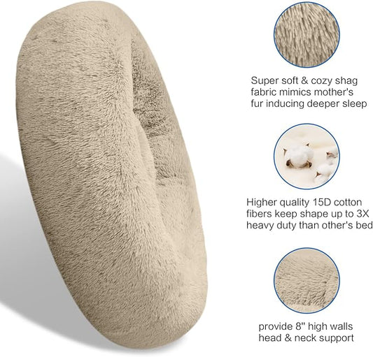 SAVFOX Plush Calming Dog Beds, Donut Dog Bed for Small Dogs, Medium, Large, X-Large & XX-Large, Comfy Cuddler Dog Bed and Cat Bed in Faux Fur, Washable Dog Bed, Multiple Sizes S-XXL