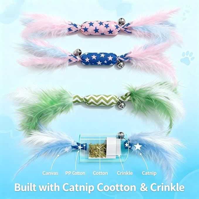 CealumVita Catnip Toy Candy Shape with Bright Colors Feathers & Bell, Kicker Chew Toy for Indoor Cats, Enrichment Toys for Bored Kittens & Adult Cats, 3-Pack Crinkle Plush Toys for Teething and Play
