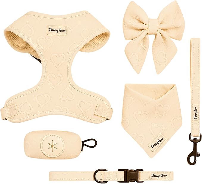 Large Dog Harness Set – Cute No Pull, All Weather, Breathable Harness and Leash Set with Collar, Bandana, Sailor Bow & Poop Bag Holder – Adjustable, Soft & Stylish – Cream Hearts on Jacquard Fabric