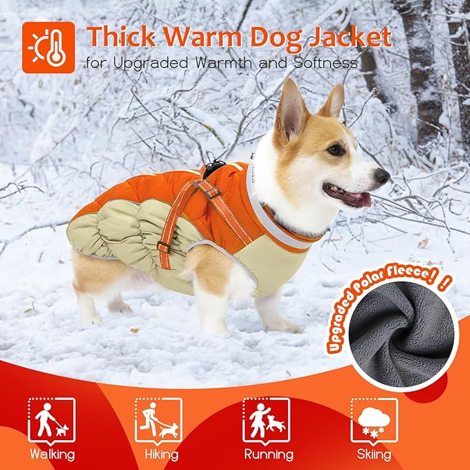 Dog Winter Coat with Harness, Dog Jacket, Pet Clothes with Zipper on Back, Waterproof Windproof Warm Vest, Reflective Cold Weather Coats, for Small Medium Large Dogs, Thick, Orange, XS