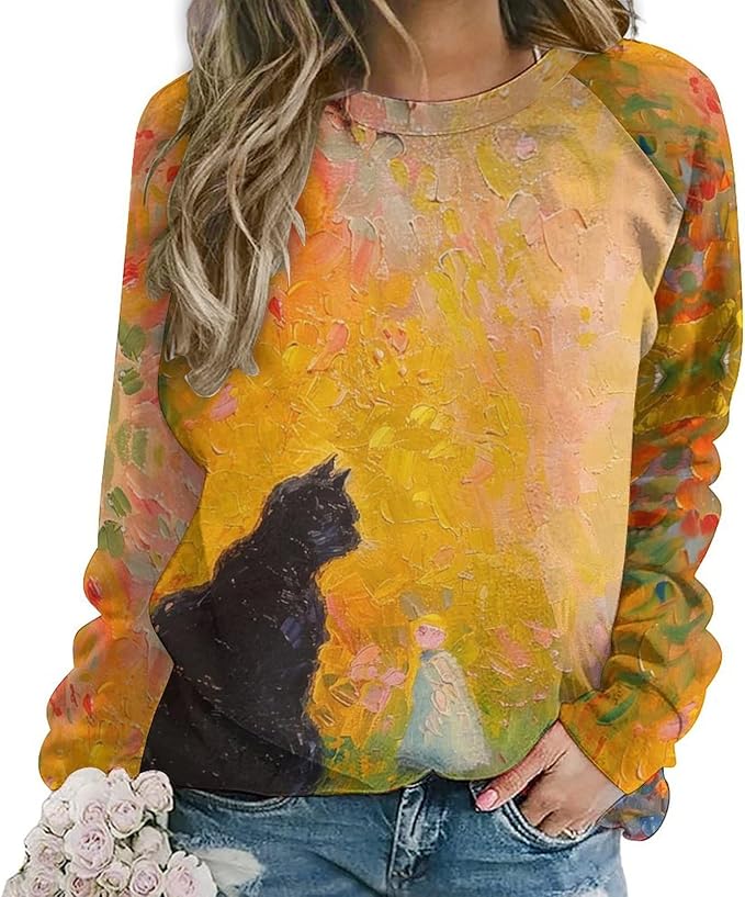 Womens novelty funny cat printed crewneck sweatshirt casual loose long sleeve graphic pullover sweatshirts tops