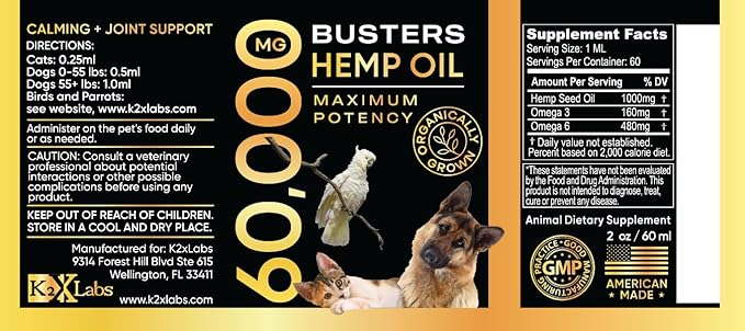 Buster's Organic Hemp Oil Large 60 Milliliters 2Pack 4Month Supply for Dogs Cats, Made in USA Omega Rich 3 6 and 9 Hip and Joint Health, Natural Relief, Calming