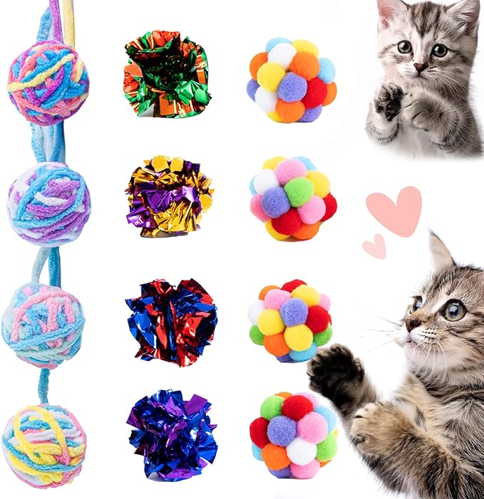 Zeeptix Cat Toys Balls 12Pcs Yarn Cat Balls with Bells Inside, Interactive Kitten Chew Toys for Indoor Kittens Kitty,Muticolor, Crinkle Toys Set，1.7 inches
