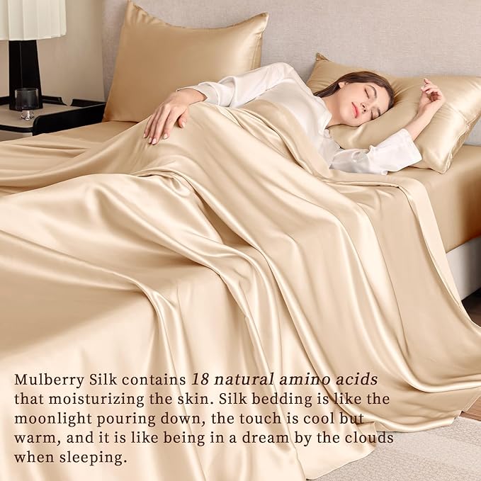 THXSILK Silk Sheet Set 4Pcs, 6A+ Top Grade 100% Pure Mulberry Silk Bed Sheets Ultra Soft Durable Luxury Bedding Sets, 1 Fitted Sheet, 1 Flat Sheet and 2 Pillowcases (Twin, Champagne)