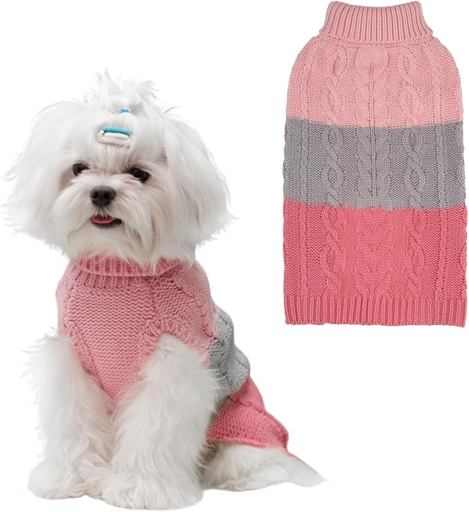 EXPAWLORER Dog Sweater with Leash Hole - Large Dogs Fall Sweaters for Girls Boys,Classic Turtleneck Knitwear Dog Clothes for Cold Weather, Cable Knit Dogs Outfit,Coat,Pet Apparel(Pink&Grey,XL)