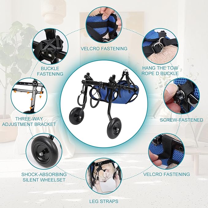 Dog Wheelchair for Back Legs with Pet Traction Rope, X-Small Wheelchair for Dogs with Disabled Hind Legs Walking Adjustable Dog Carts with Heavy Duty Wheels