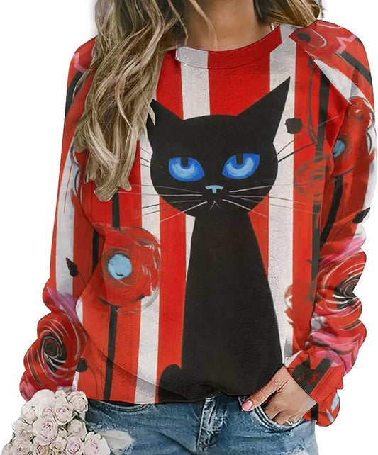 Biacolum Long Sleeve Shirts for Women Mid Century Retro Style Atomic Cat 3D Graphic Sweatshirts Fall Crewneck Pullover Top