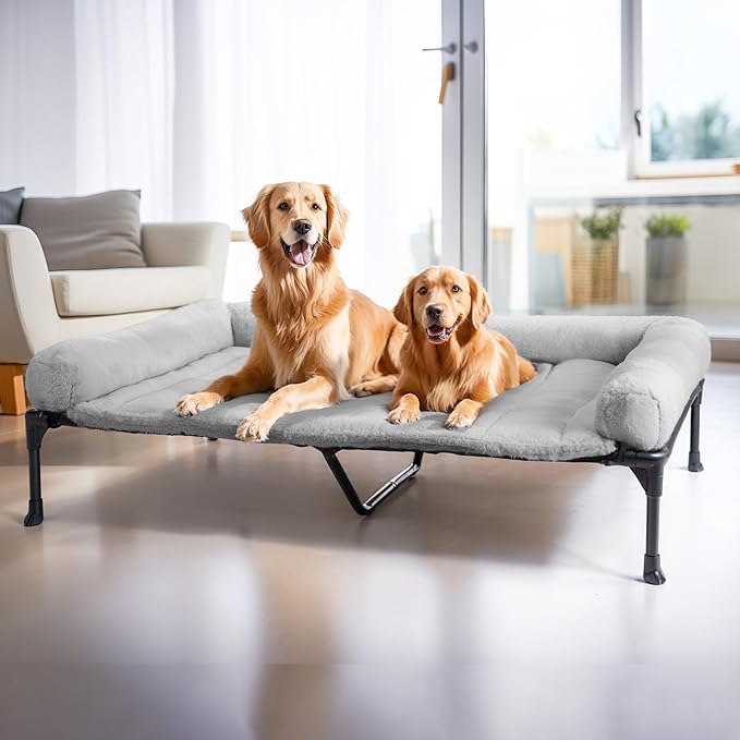 Veehoo Cooling Elevated Dog Bed with Fluffy Plush Bolster Cushion, Indoor Raised Dog Beds for Large Dogs, Soft Pet Sofa Cot with Removable Washable Mat, No-Slip Feet, 59 x 37 inches, Grey