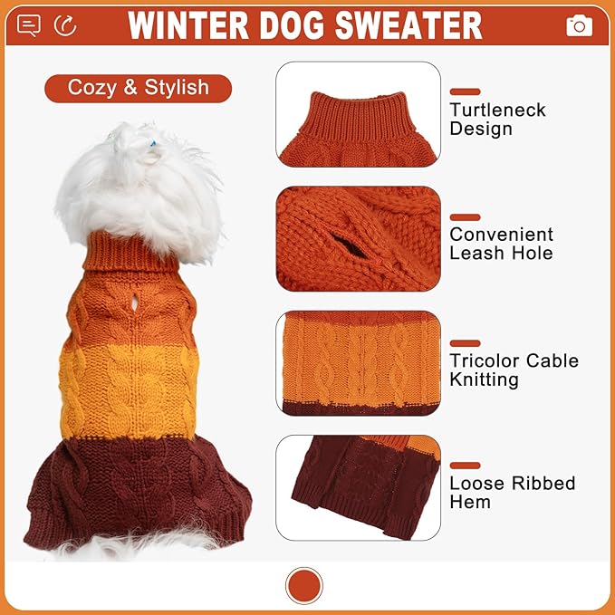 EXPAWLORER Dog Sweater - Small Dogs Fall Sweaters for Girls Boys,Classic Turtleneck Knitwear Dog Clothes for Cold Weather, Cable Knit Dogs Outfit,Coat,Pet Apparel(Orange,S)